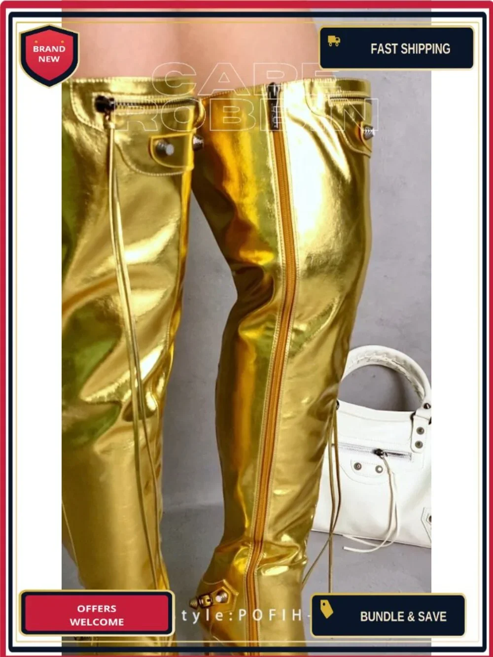 Metallic PU Leather Thigh High Boots, Pointy Toe, 3.5